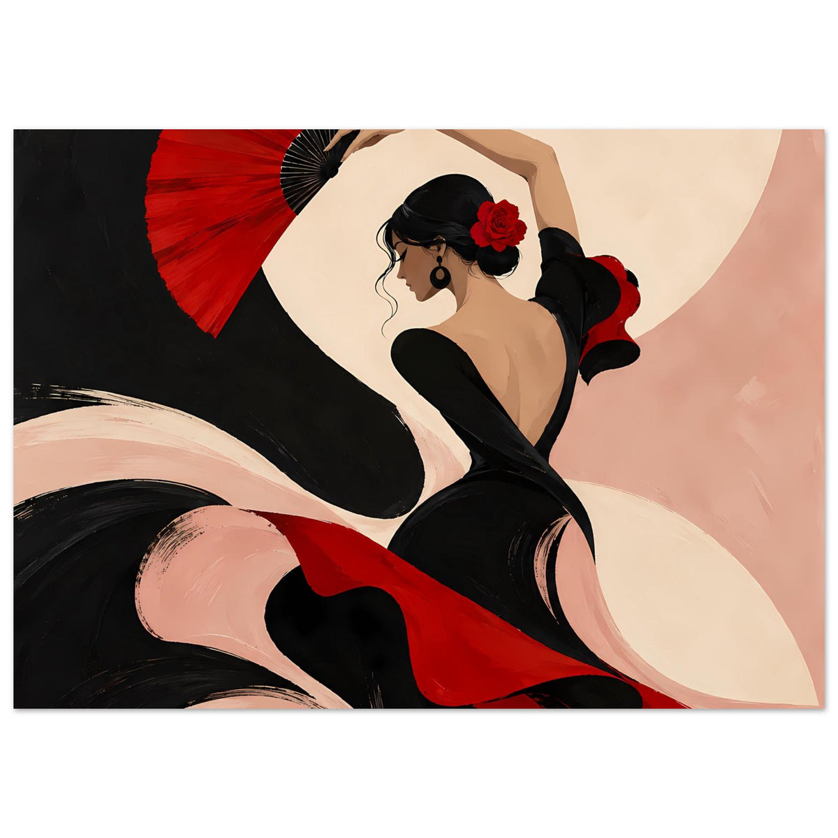 Poster: Flamenco-Tänzerin in Schwarz und Rot mit rotem Fächer und ausgestrecktem Arm.