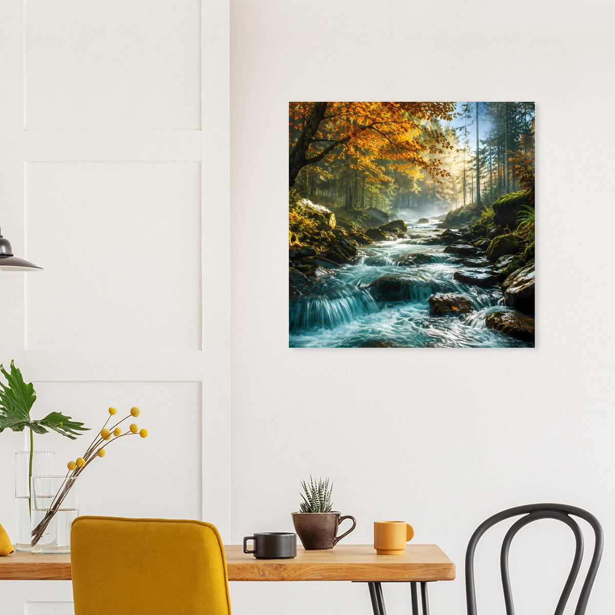 Quadratisches Poster: verschlungener Bach im Herbstwald mit orangefarbenen Kronen