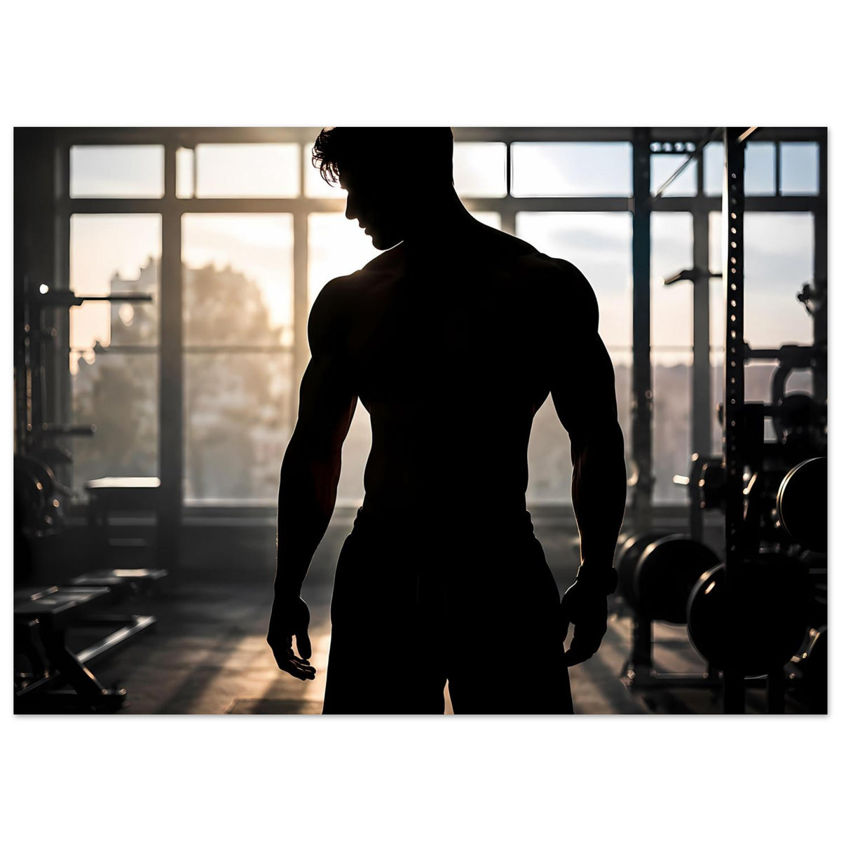 Horizontales Poster mit dunkler Silhouette eines Mannes im Fitnessstudio, Ganzfigur
