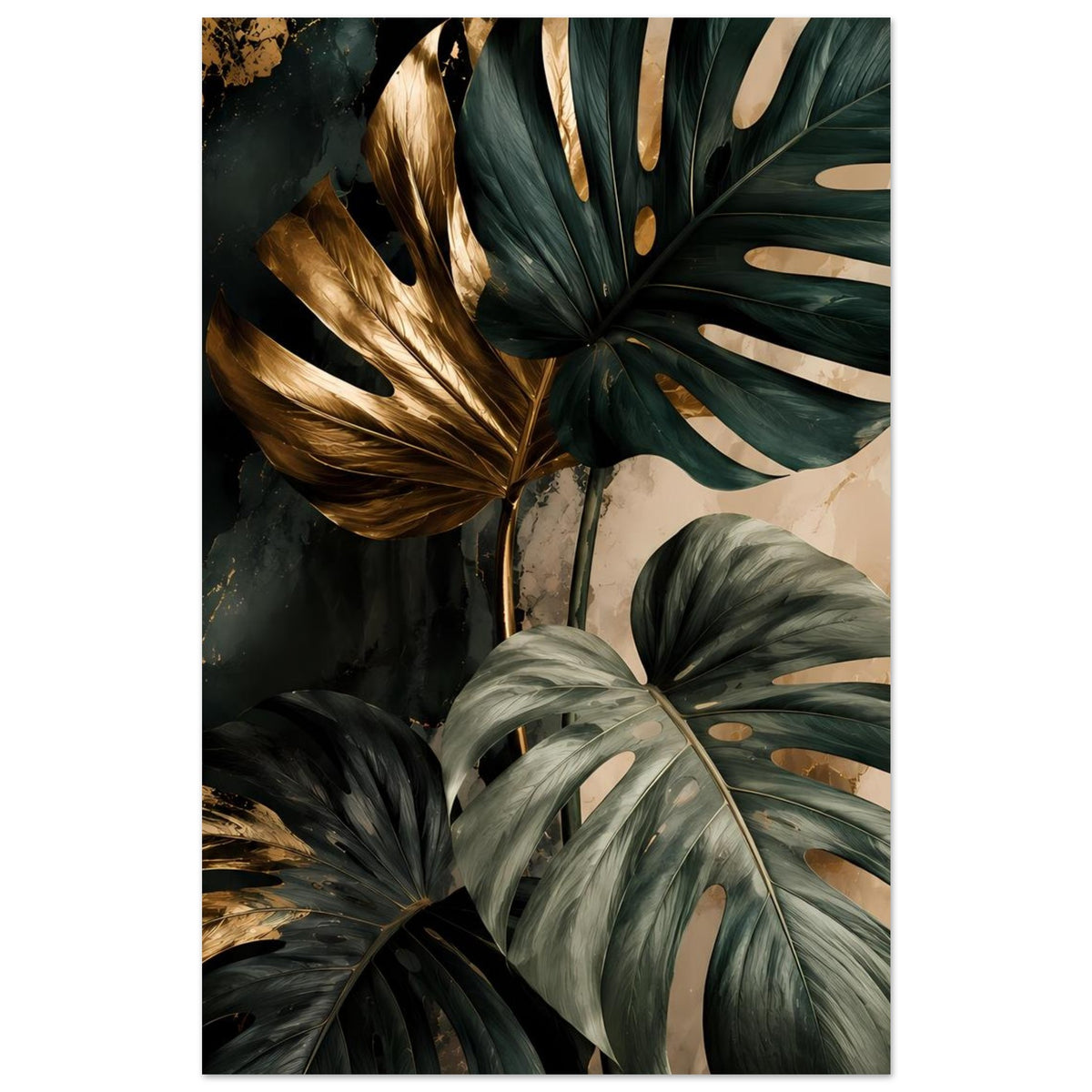 Poster mit dunklen Monstera-Blättern und goldenen Akzenten auf hellem Hintergrund.