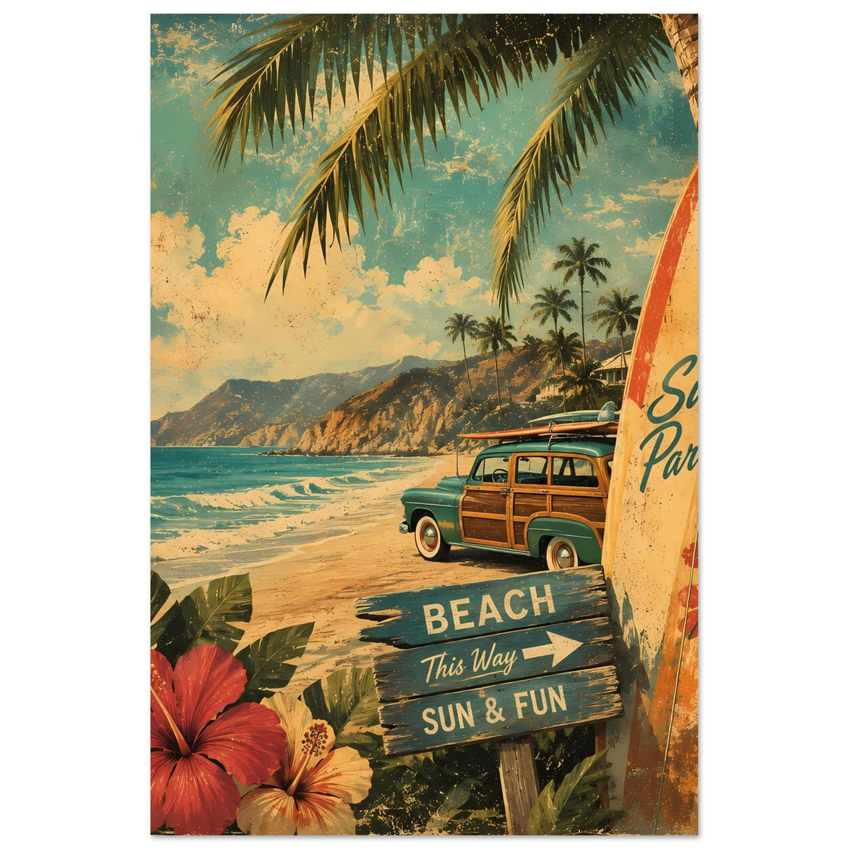 Vintage Beach-Poster, Fokus auf Surfbrett und Hinweisschild „BEACH / SUN & FUN“