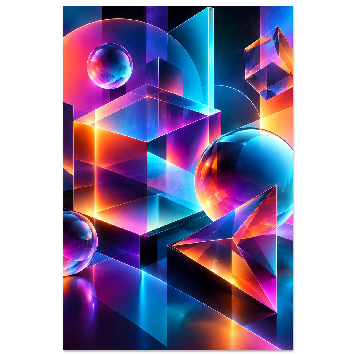 Neon-Geometrieposter mit Prisma-Optik, Glaskugeln und leuchtenden Kantenlinien