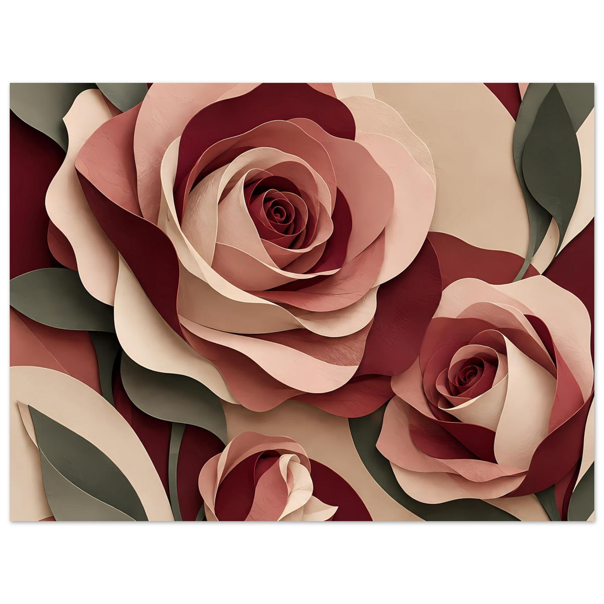 Florales Kunstposter mit Rosen in Burgunder, Rosé und Creme