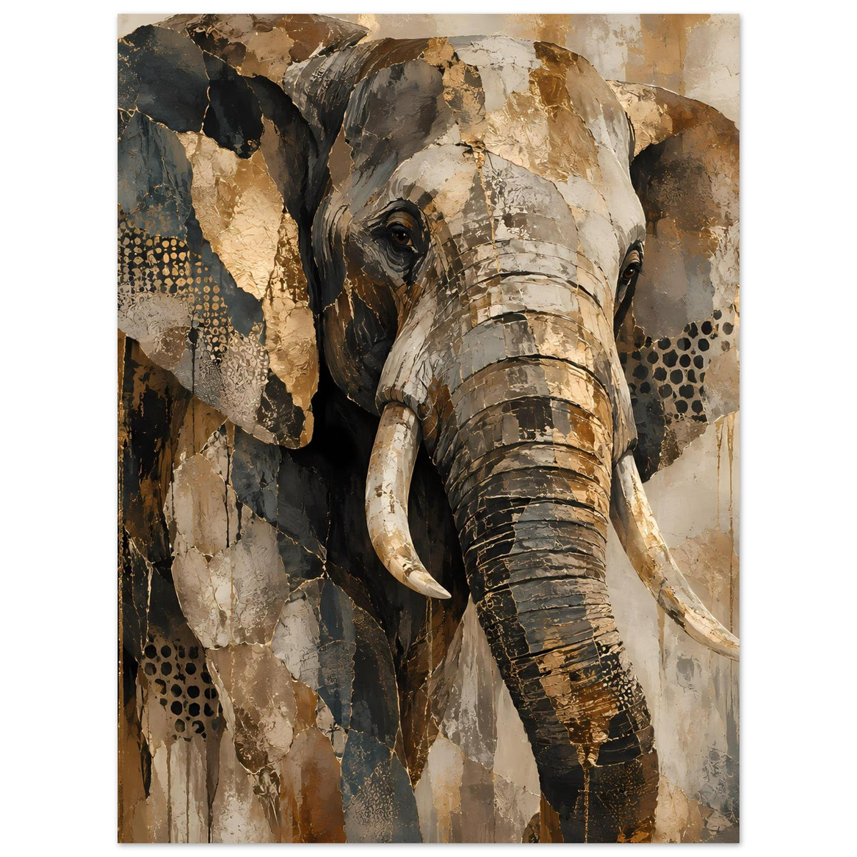 Elefantenkunst-Poster mit Elefantenkopf, dunklen Flecken und warmen Erdtönen im Hintergrund