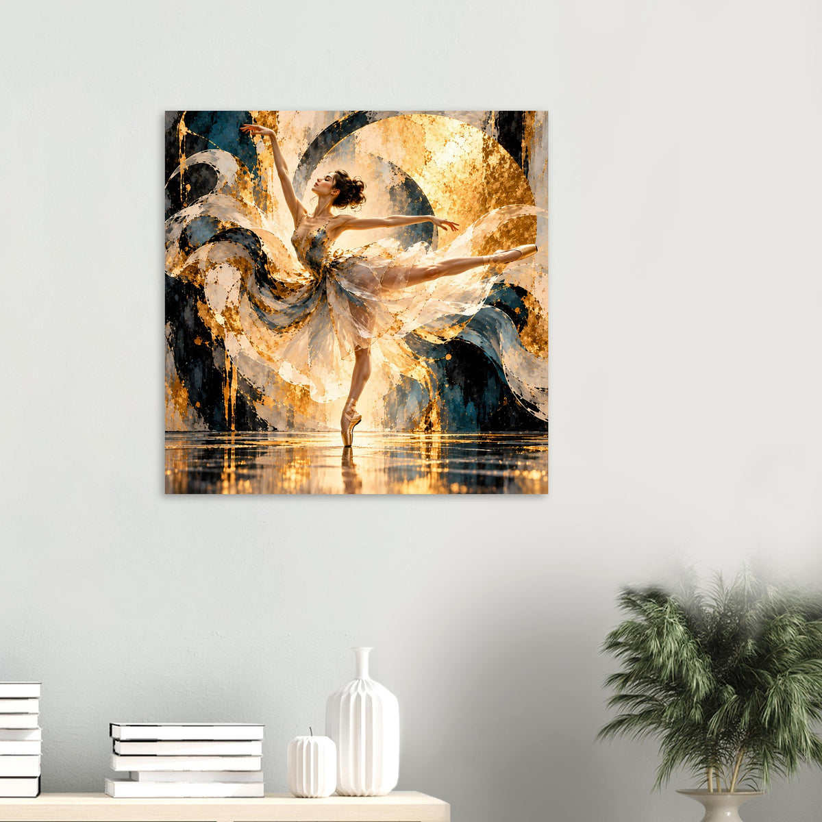 Kleines Ballett-Poster: Ballerina in Pose, Feder- und Tüllrock mit Goldakzenten