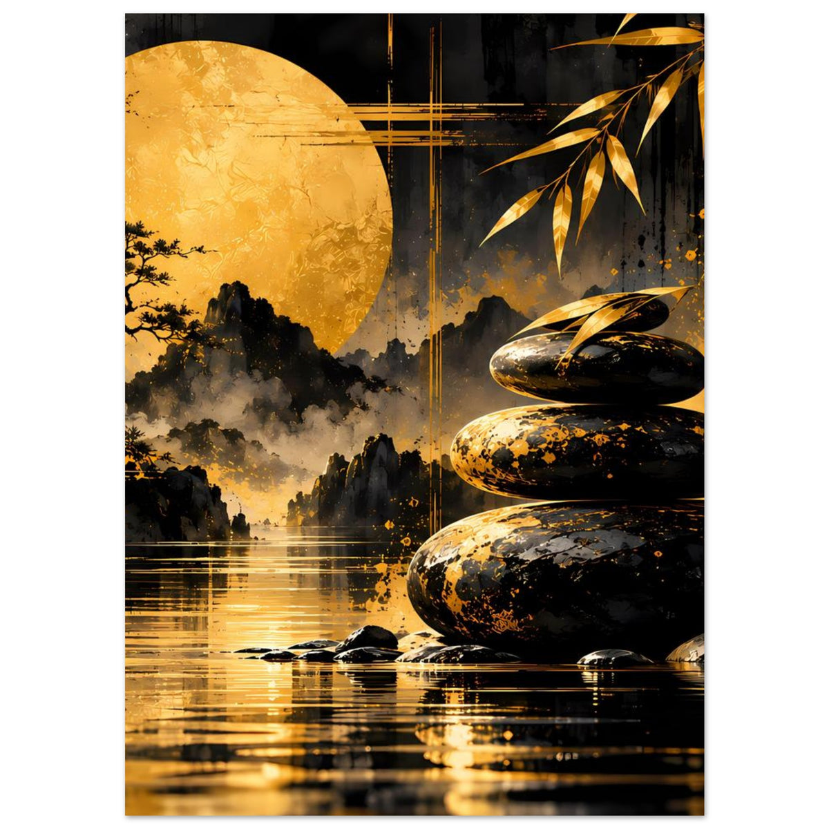 Vertikales Poster mit Zen-Motiv: goldener Mond, schwarze Steine, Bambus und ruhiges Wasser