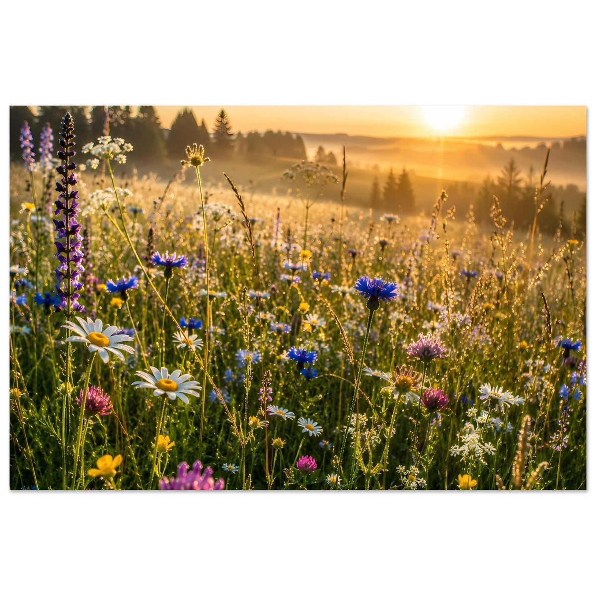 Poster mit Wildblumenwiese: Gänseblümchen und blaue Blüten in goldenem Abendhimmel