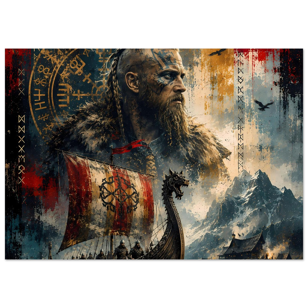 Vikinger-Poster im Querformat: Krieger mit langem Haar, Schild am Schiff, Runen
