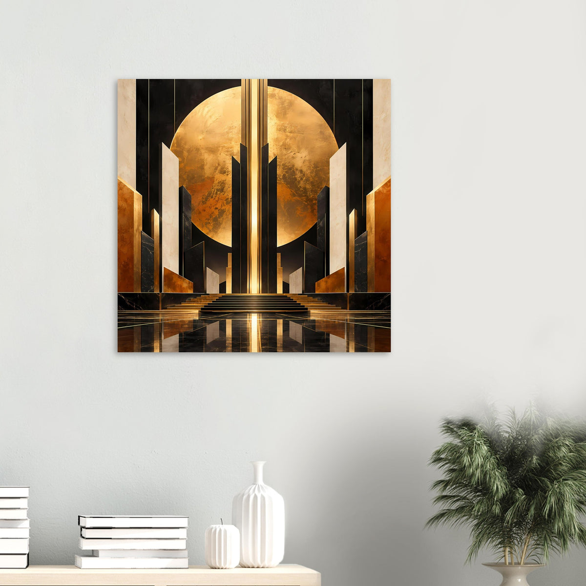 Art-Deco-Poster mit goldener Rundform, schwarzen Säulen und glänzenden Linien am Boden