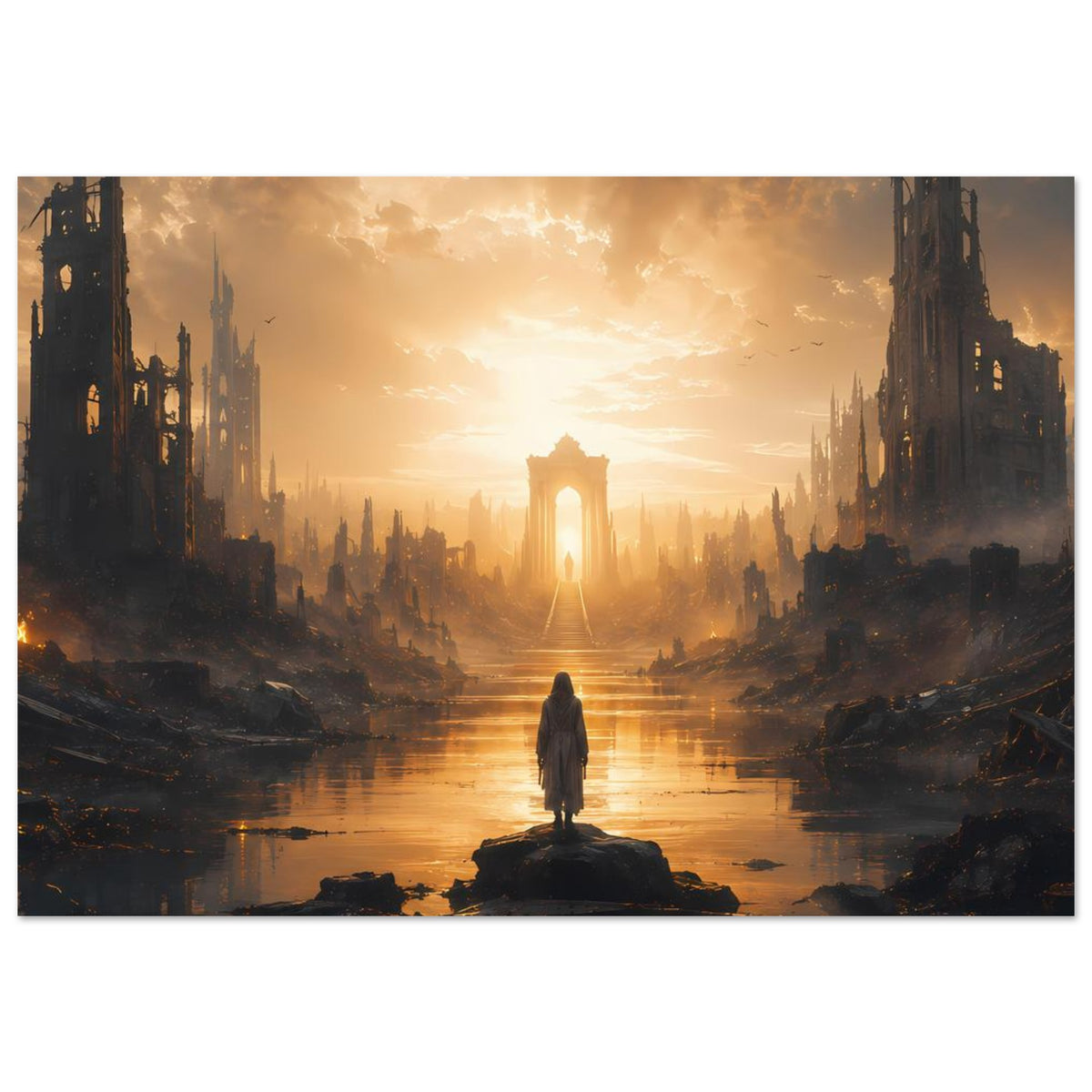 Poster: Ruinenstadt am Fluss im Sonnenuntergang, leuchtendes Tor und Figur
