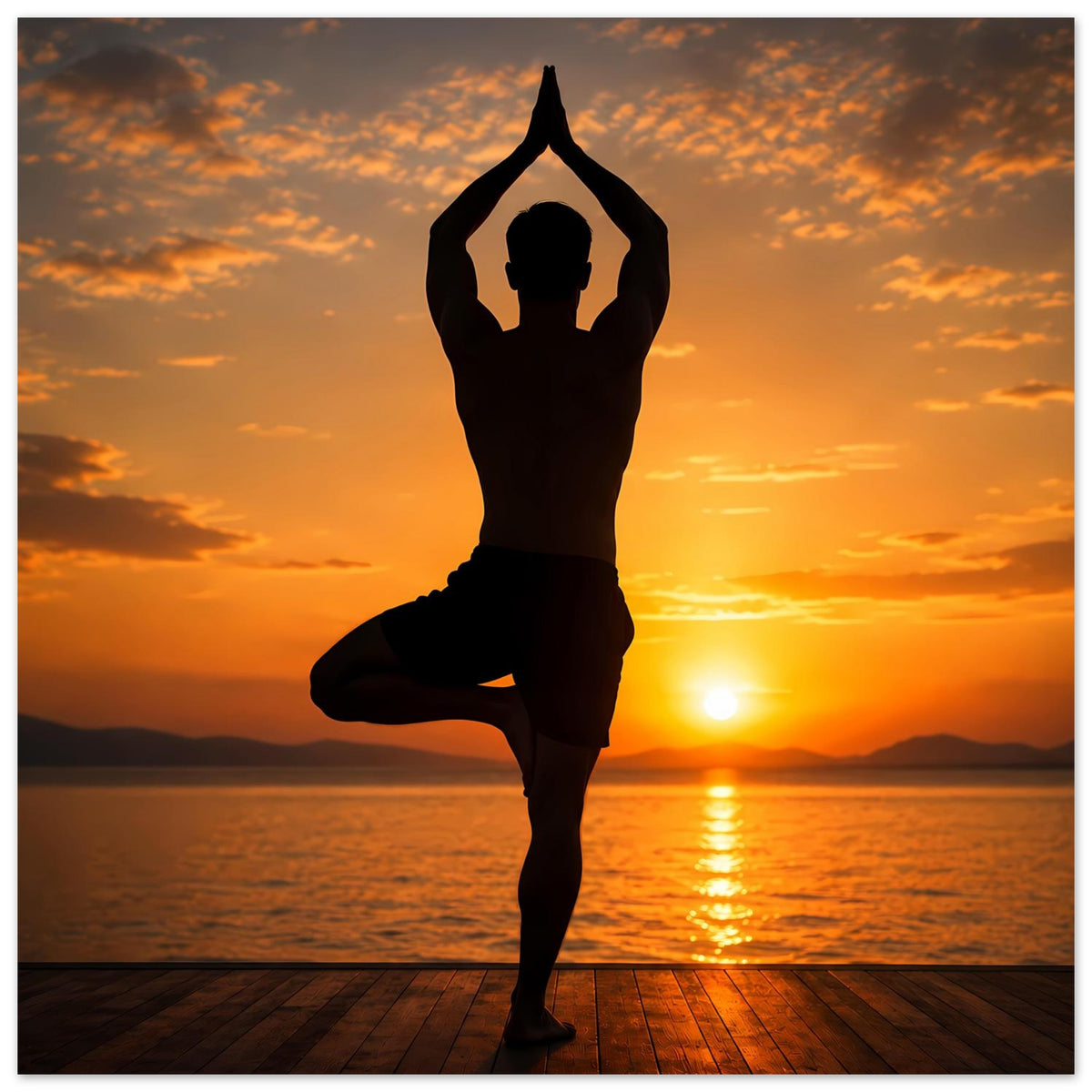Vertikales Poster mit Yoga-Silhouette in Meditationspose, Sonne am Horizont, Wasser und Steg