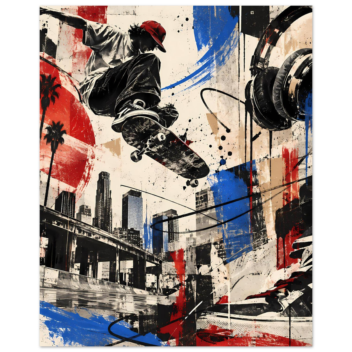 Poster mit Skateboarder, Graffiti-Strichen und Spritzern in Rot, Blau und Schwarz (hochkant)