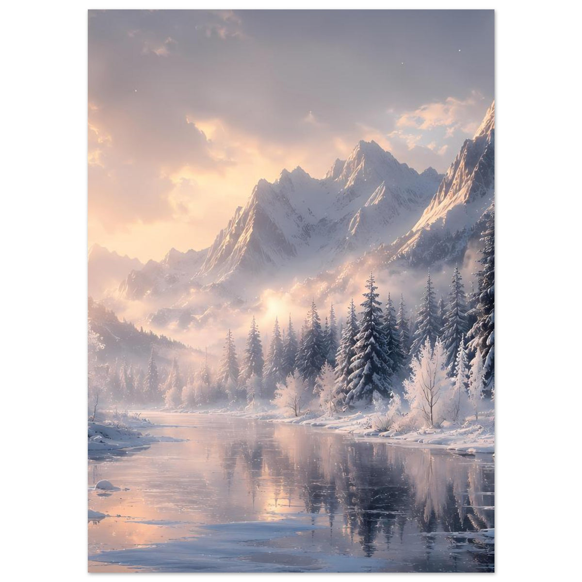 Winterlandschaft-Poster im Hochformat mit Alpenbergen, Tannenwald und winterlichem Tal