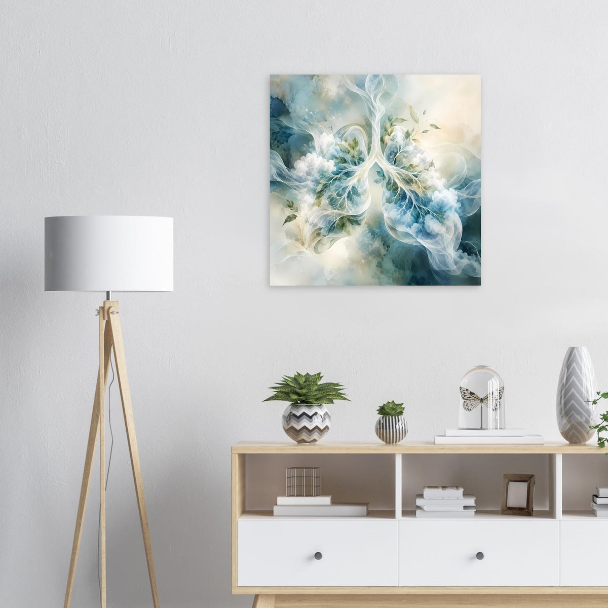 Surreales Anatomie-Poster: blau-grüne Lungenillustration, wolkig mit Blättern