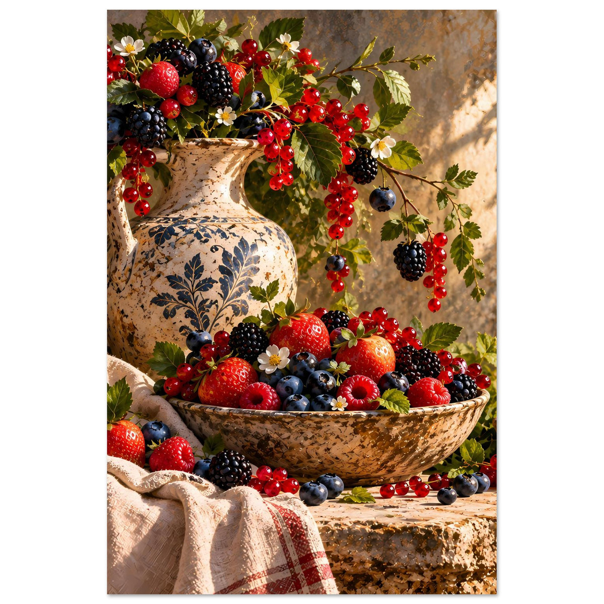 Beeren-Stillleben-Poster mit bunter Obstschale, Vase, Efeublättern und Tuch auf Papier