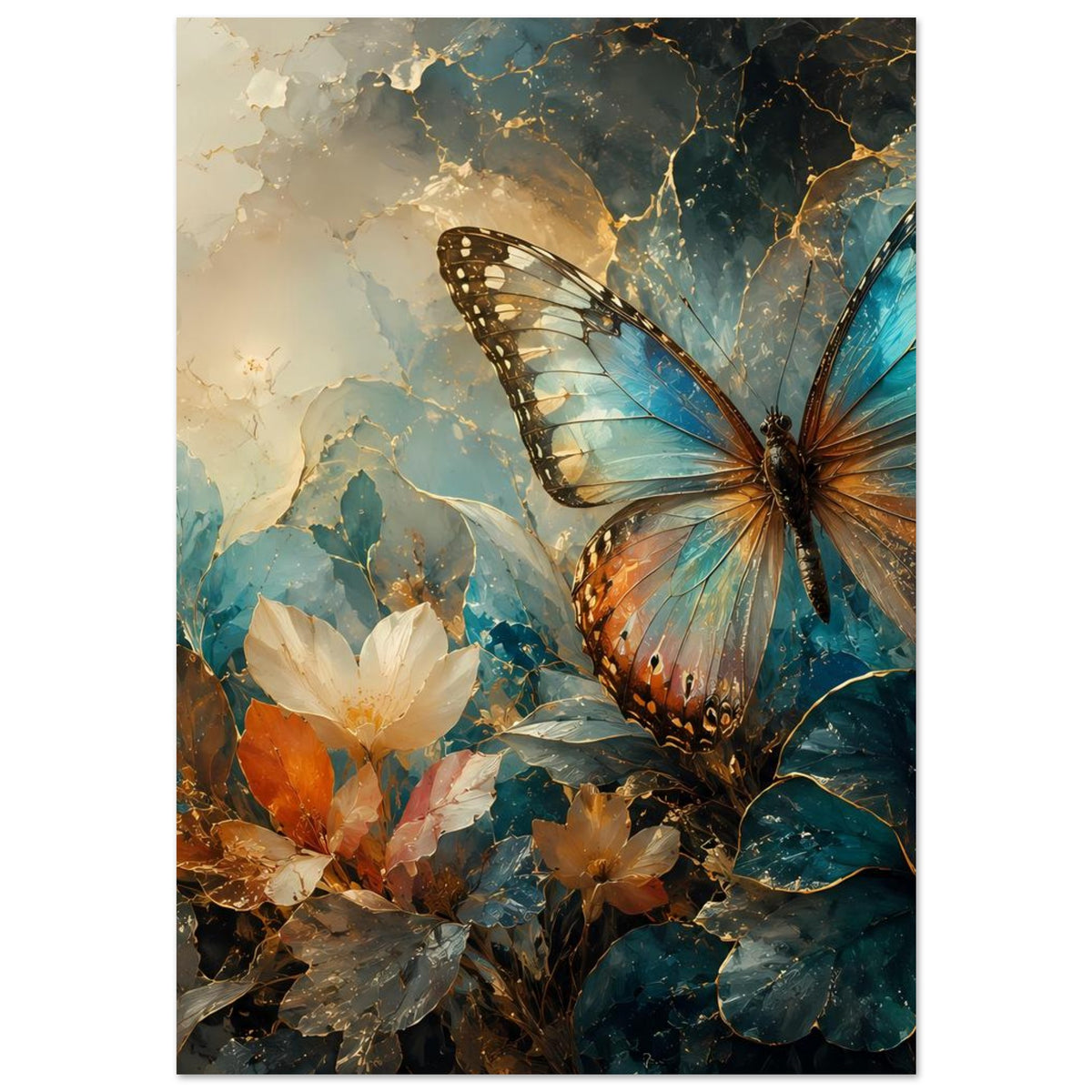 Vertikales Poster mit Schmetterling-Motiv über Blumen in warmen Blautönen und goldenen Akzenten