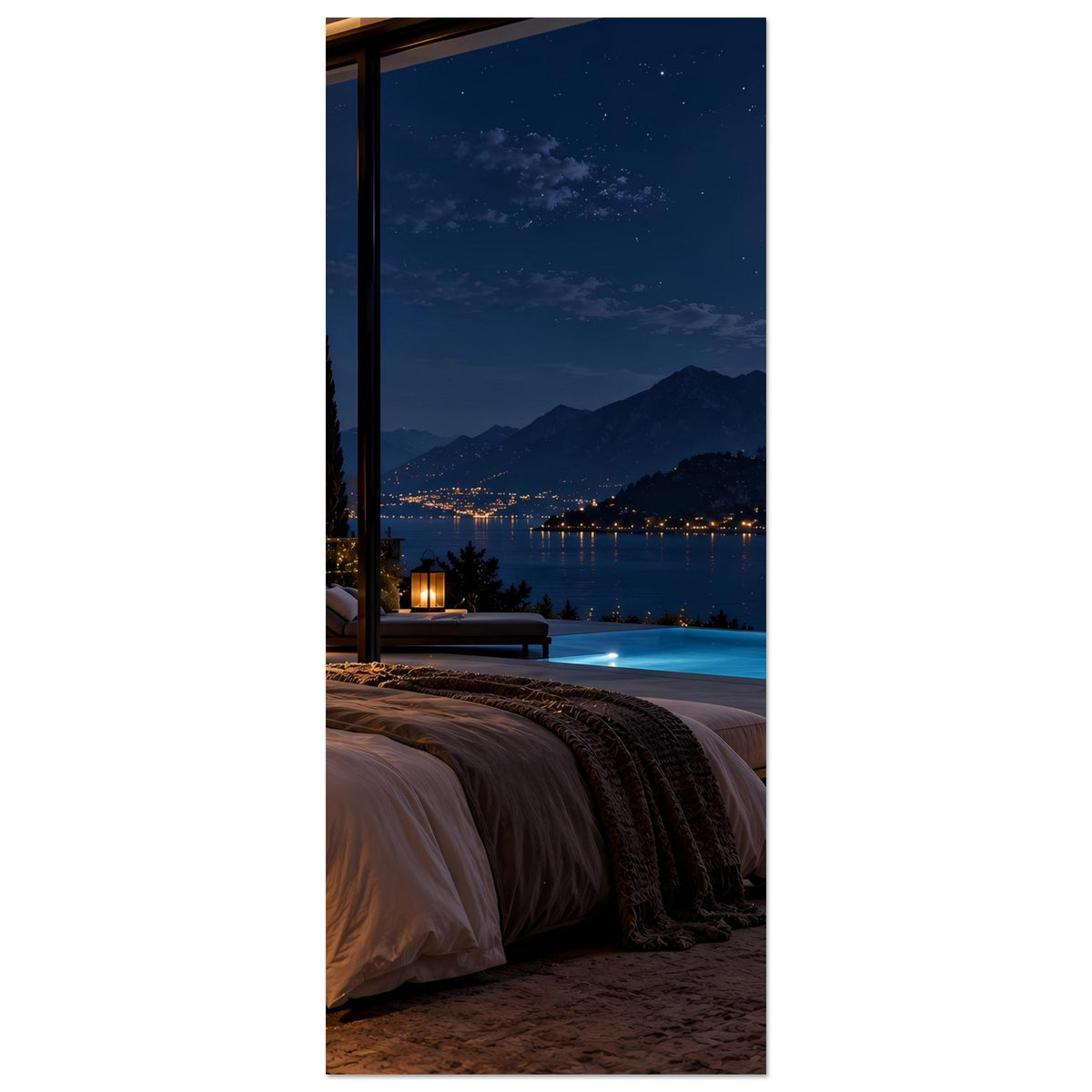 Poster (hochkant): Ausschnitt mit Fensterblick auf Mond über See und Bergkette