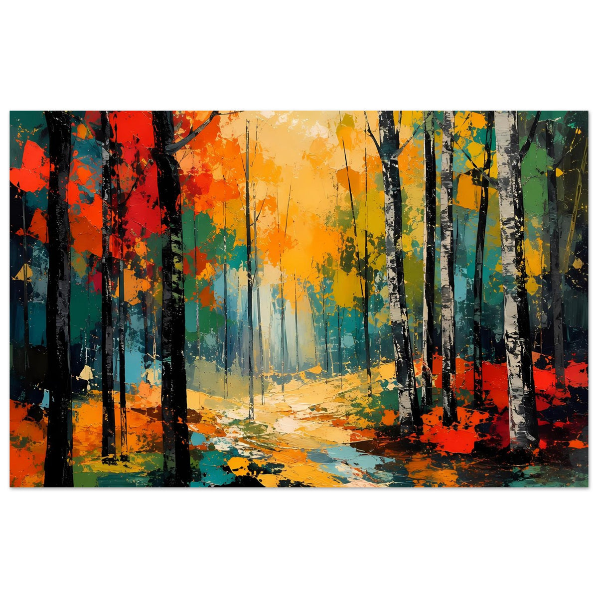 Wandposter im Querformat: Waldweg durch dicht stehende Bäume in Orange-, Gelb- und Blautönen