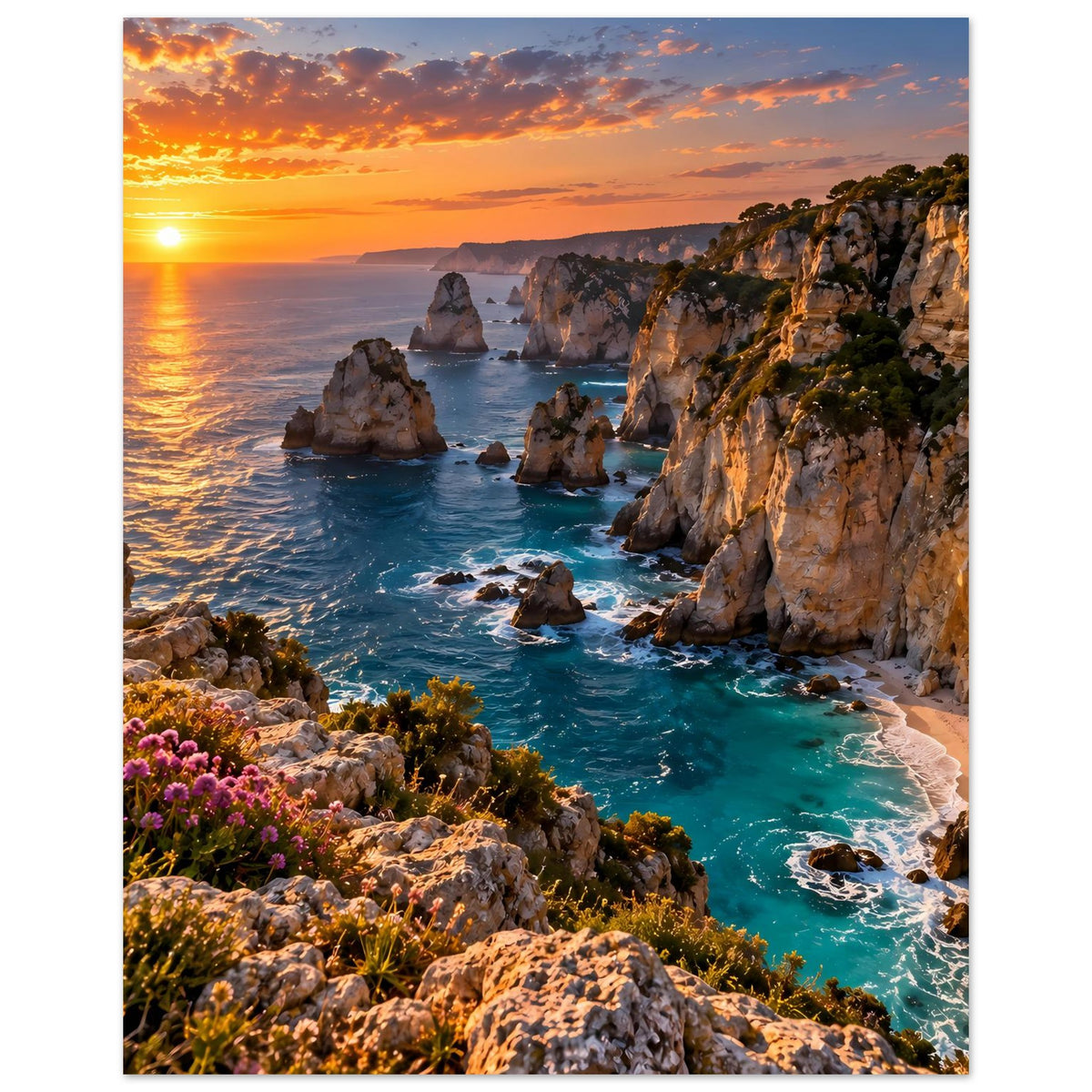 Vertikales Küstenposter mit Felsklippen, türkisfarbenem Meer und goldenem Sonnenuntergang.