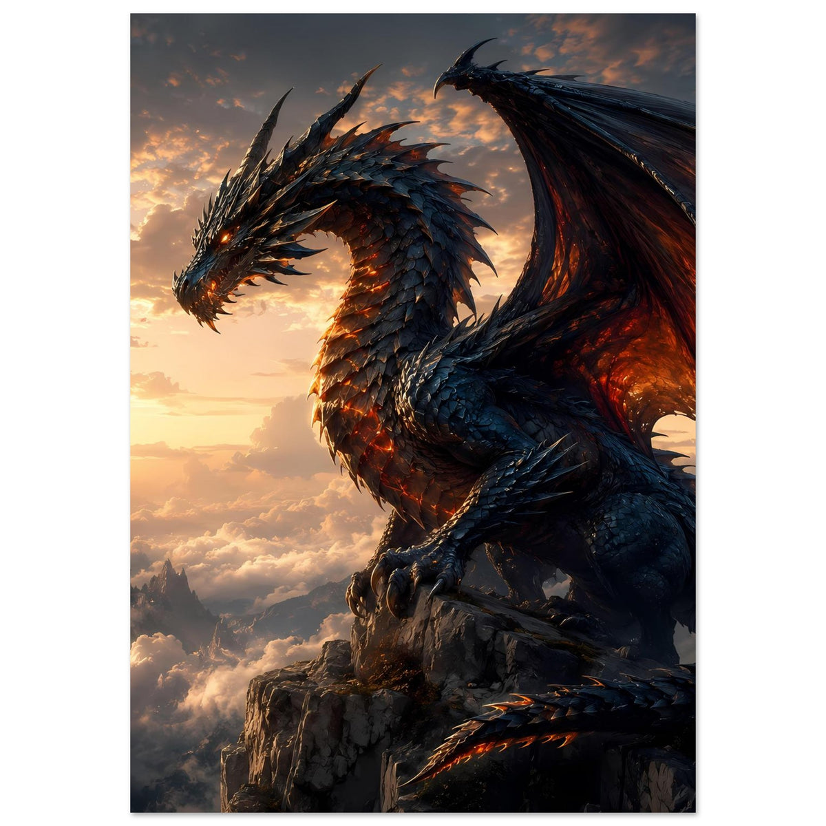 Drachenfantasy-Poster, vertikal: blauer Drache mit leuchtendem Auge und ausgebreiteten Flügeln