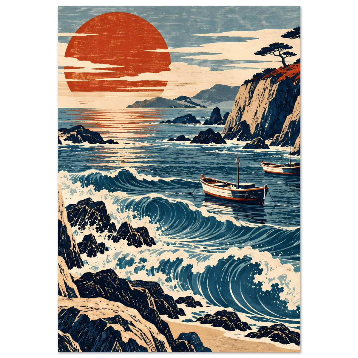 Meerblick-Poster mit türkisblauen Wellen, Felsen, Segelbooten und großer roter Sonne