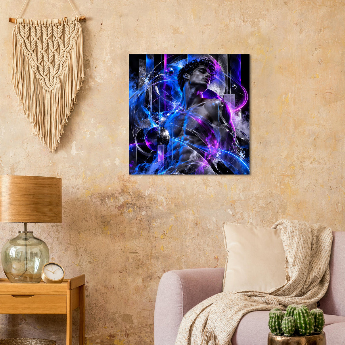 Rechteckiges Poster mit kosmischer Energiefigur in Blau und Violett, dynamische Strahlen