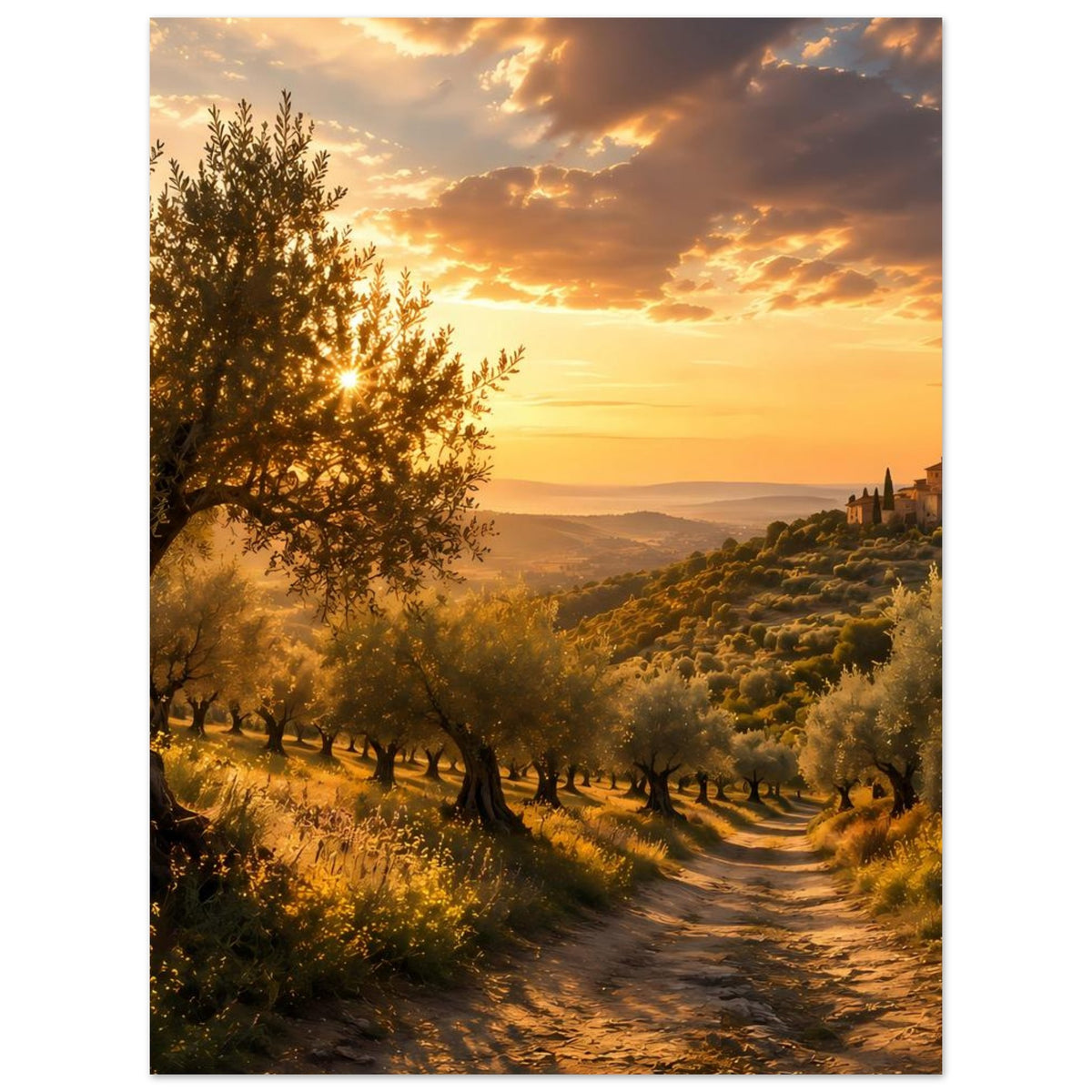 Poster mit Olivenhain, Feldweg im Tal und leuchtendem Himmel über einer Hügellandschaft