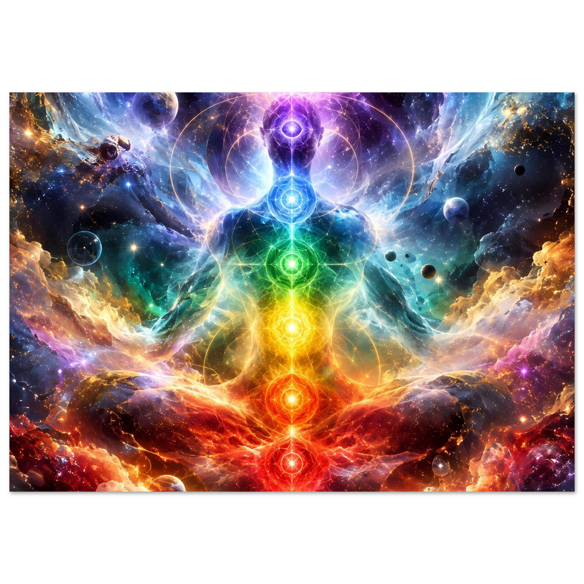 Meditationsposter mit Chakra-Energiefluss-Motiv im Weltall, mehrfarbige Flammen- und Ringschleifen
