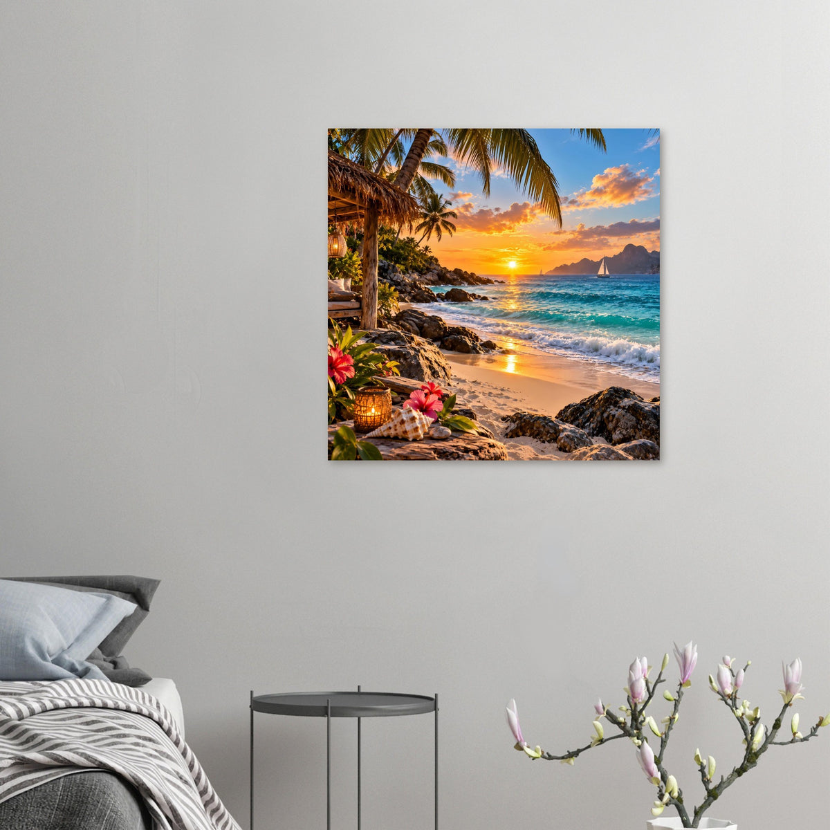 Kleines Strand-Sonnenuntergangs-Poster mit Palmen, Meer, Felsen und Blumen
