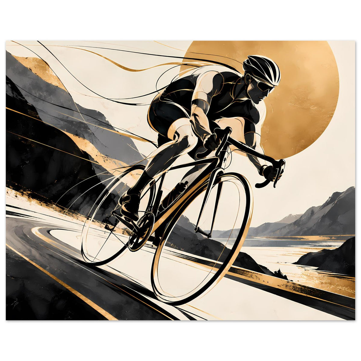 Querformat-Sportposter mit Radfahrer in Schwarz und Gold, Fahrrad im Vordergrund