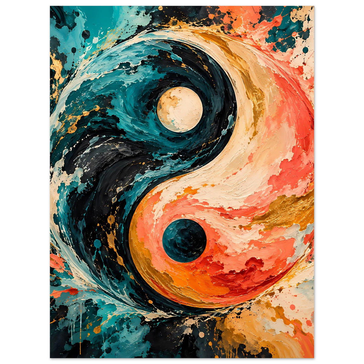 Abstraktes Yin-Yang-Poster im Hochformat mit türkis-orangen Farbverläufen und Spritzern