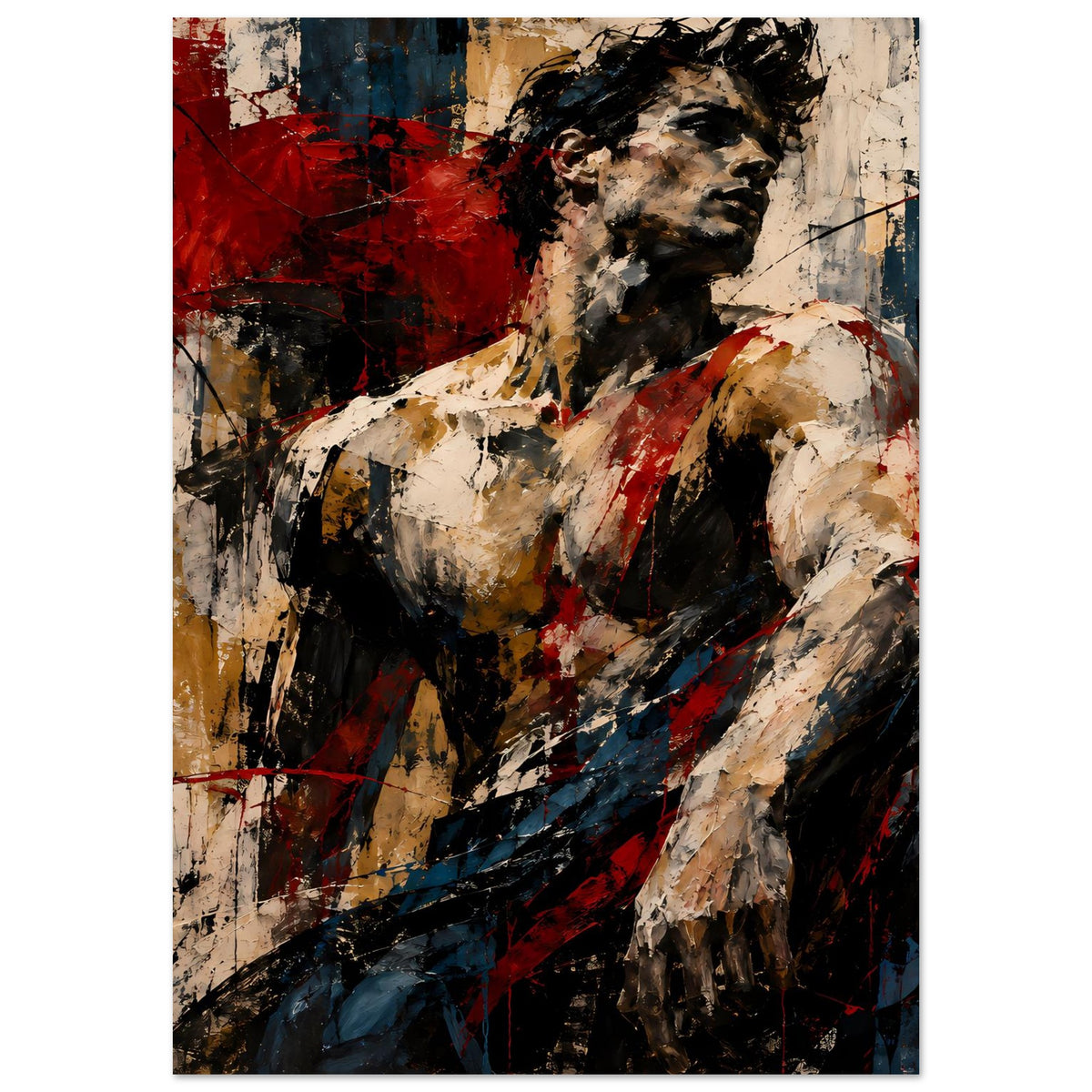 Abstraktes Muskelkunst-Poster, Gesicht- und Torsoausschnitt in Schwarz, Beige und Rot