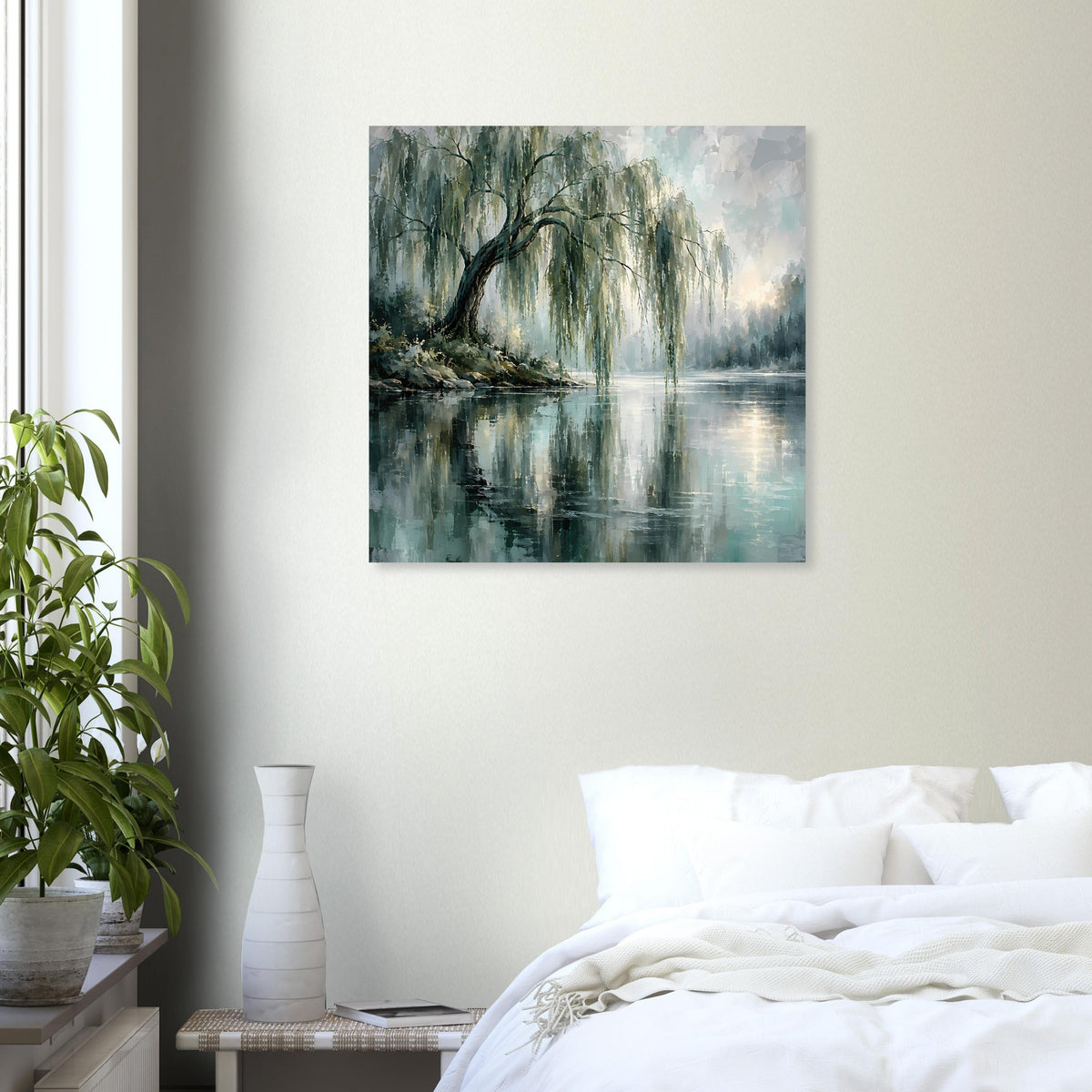 Wandposter mit Weidenbaum-Spiegelung im ruhigen Wasser, türkis/blau, quadratisch