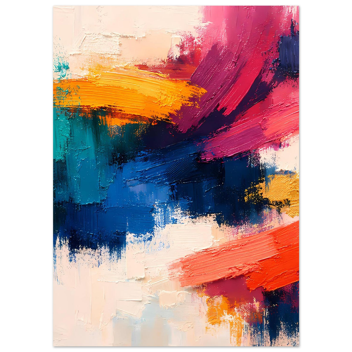 Abstraktes Poster, Hochformat, mit orange-rotem Balken und blau-türkisfarbenen Flächen