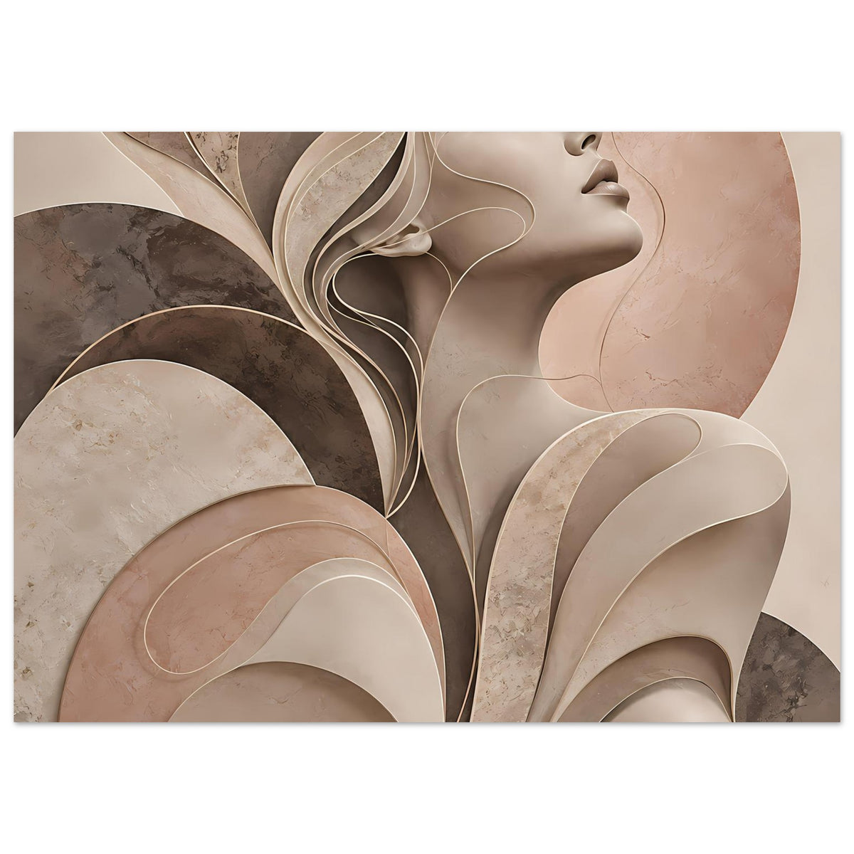 Horizontales Poster: Frauenprofil mit fließenden Bögen, sanfte Beige- und Brauntöne