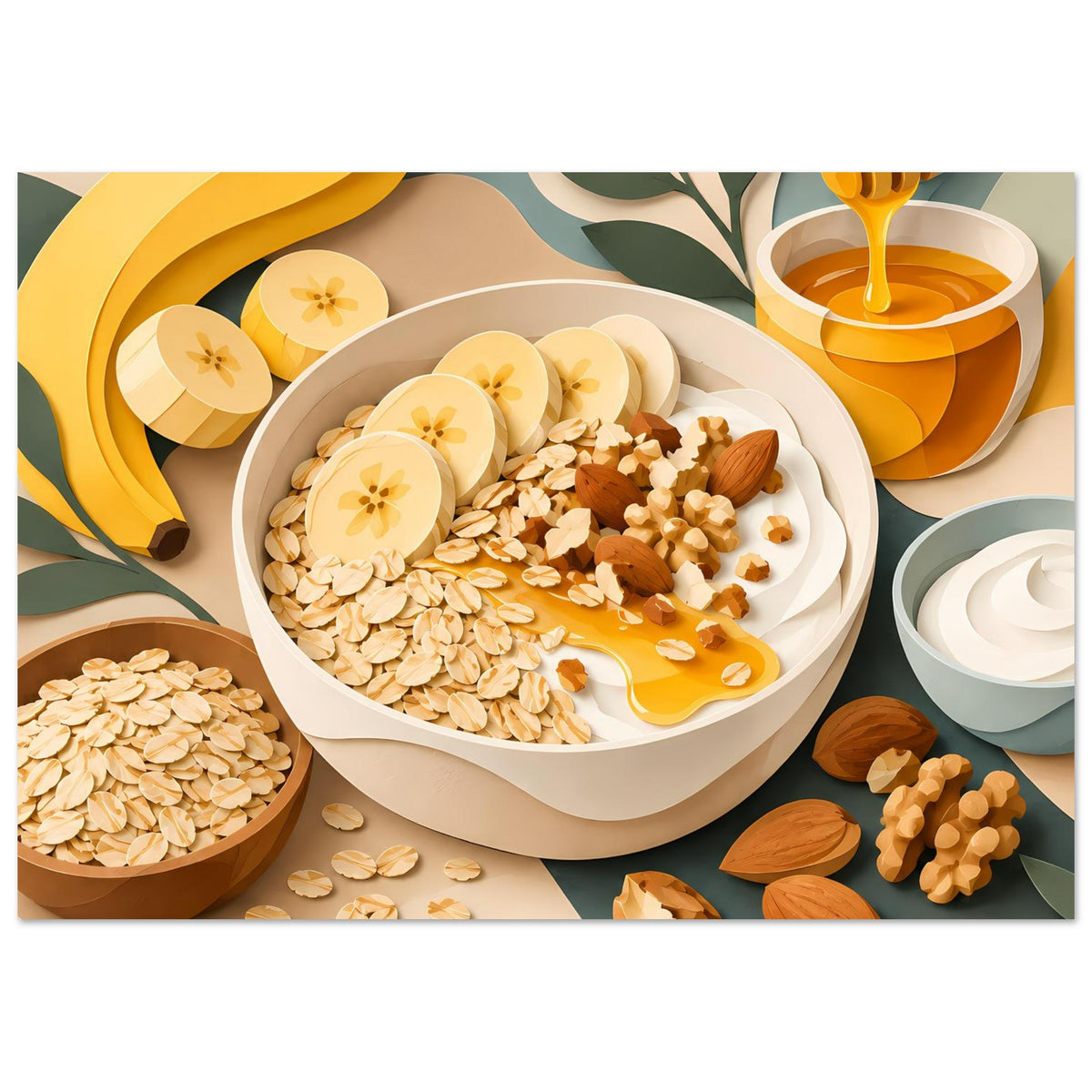 Poster mit herzförmiger Frühstücksschale, Haferflocken, Honig und Mandelblättchen