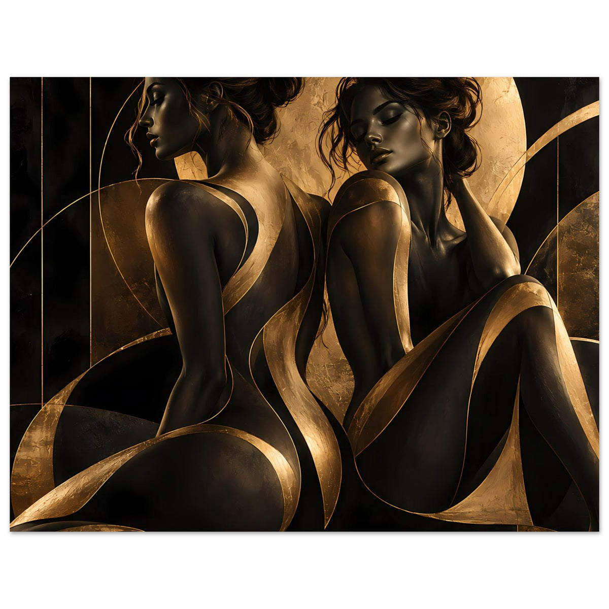 Kunstposter mit zwei Frauen-Silhouetten in Schwarz und Gold, Pose im Dreiviertelprofil
