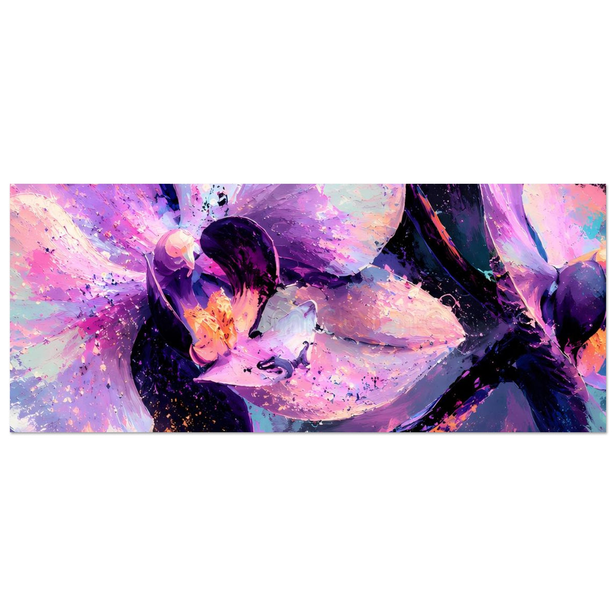 Widescreen-Poster mit Neon-Orchideenblüten in Lila, Pink und dunklem Violett