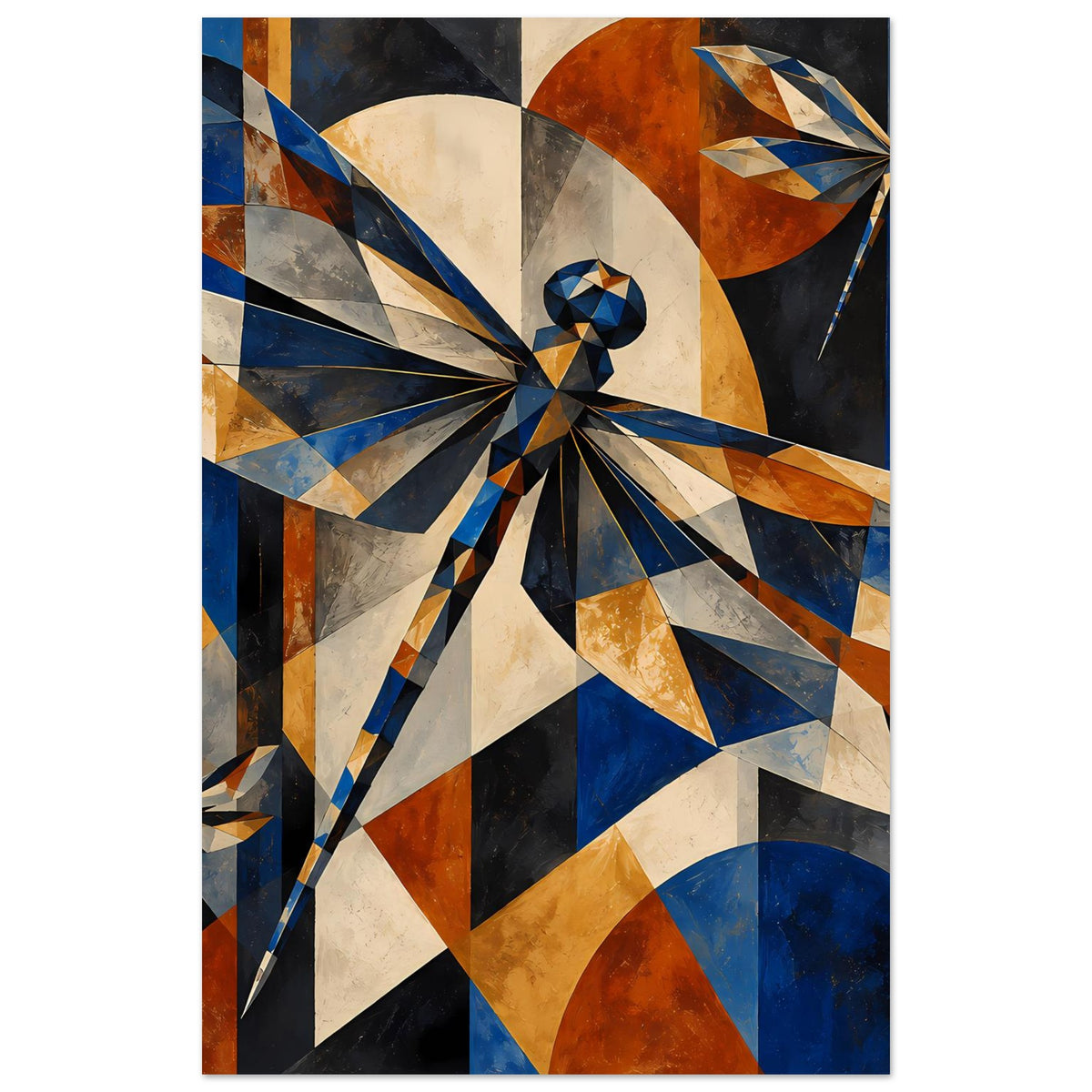 Kunstposter mit geometrischer Libelle im Zentrum in Blau, Kupfer und Beige