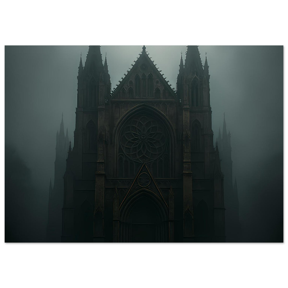 Gerahmter Kunstdruck: gotische Kathedrale im Nebel, Portal und Rosette, drei hohe Türme