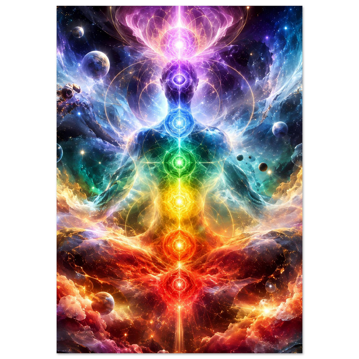 Meditationsposter mit schwebendem Chakra-Zentrum und farbigem Energiefluss, blau bis grün