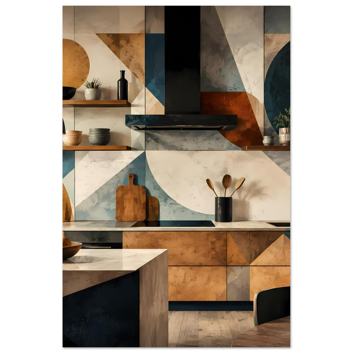 Hochkant-Küchenkunstposter mit geometrischer Küchenszene: Herd, Fliesenkacheln und Küchenutensilien
