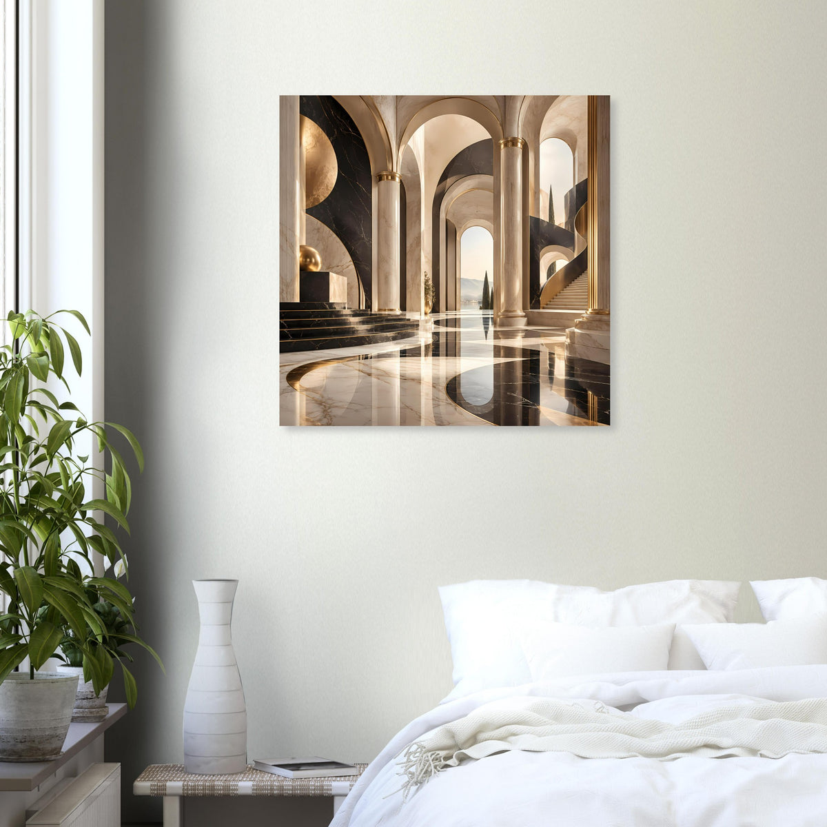 Architekturposter mit goldfarbenen Arkaden und spiegelndem Boden