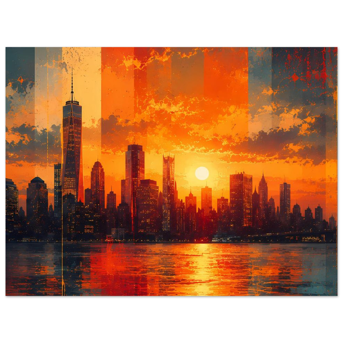 Poster Hochformat mit Wolkenkratzer-Skyline, warmes Orange bei Sonnenuntergang und Lichtreflex