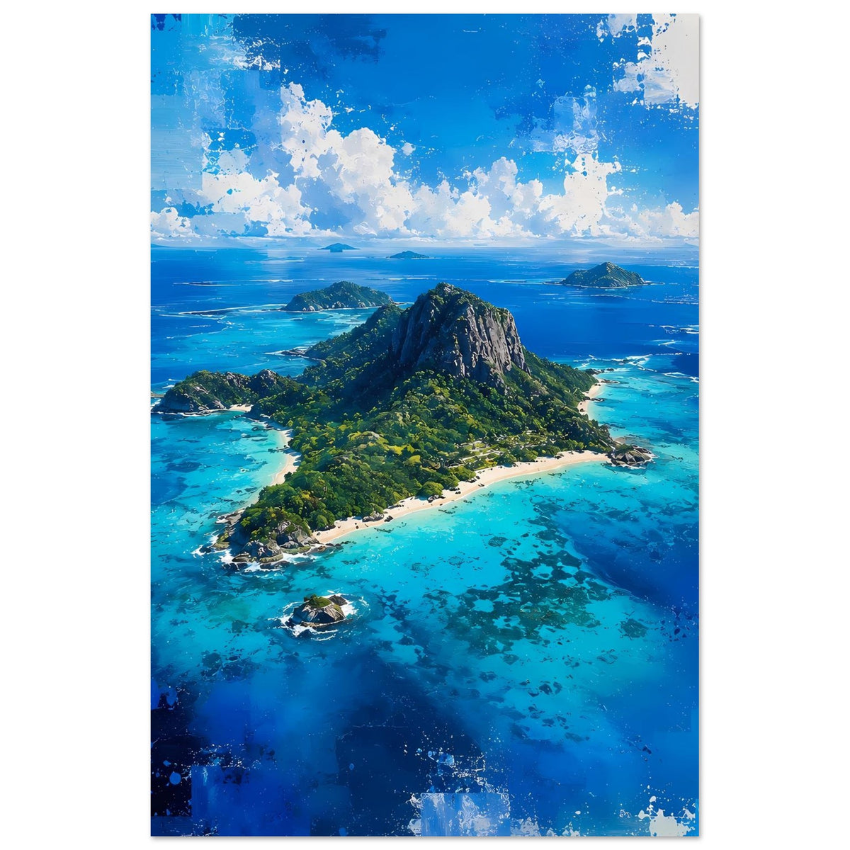 Poster hochformatig: Inselberg mit grünen Hängen und türkisfarbenem Meer.