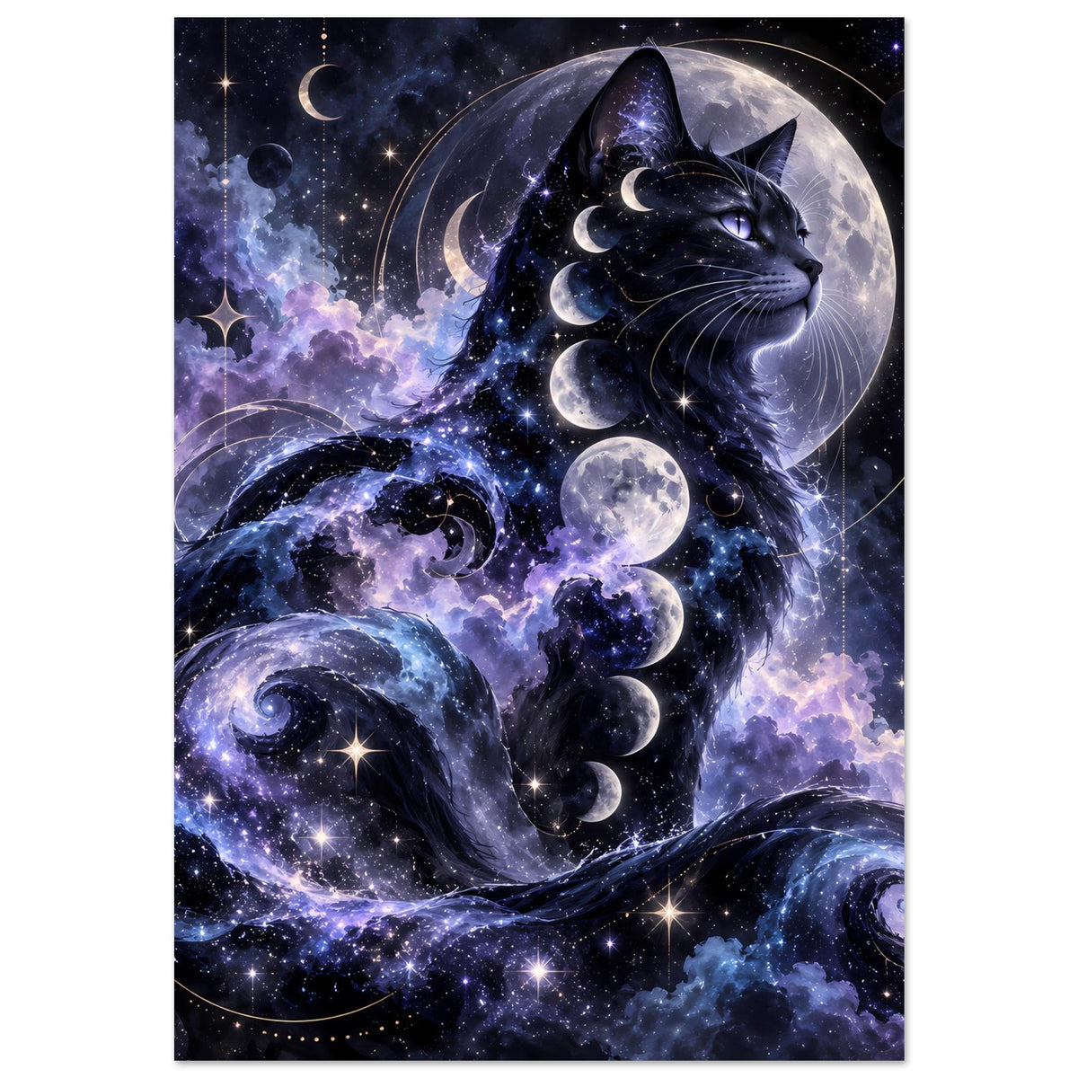 Poster im Hochformat: schwarze Katze zwischen Monden, Planeten und Sternen