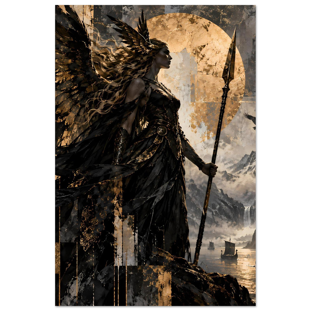 Kunstposter: Valkyrie im Halbprofil mit Speer und Flügeln, teils näher