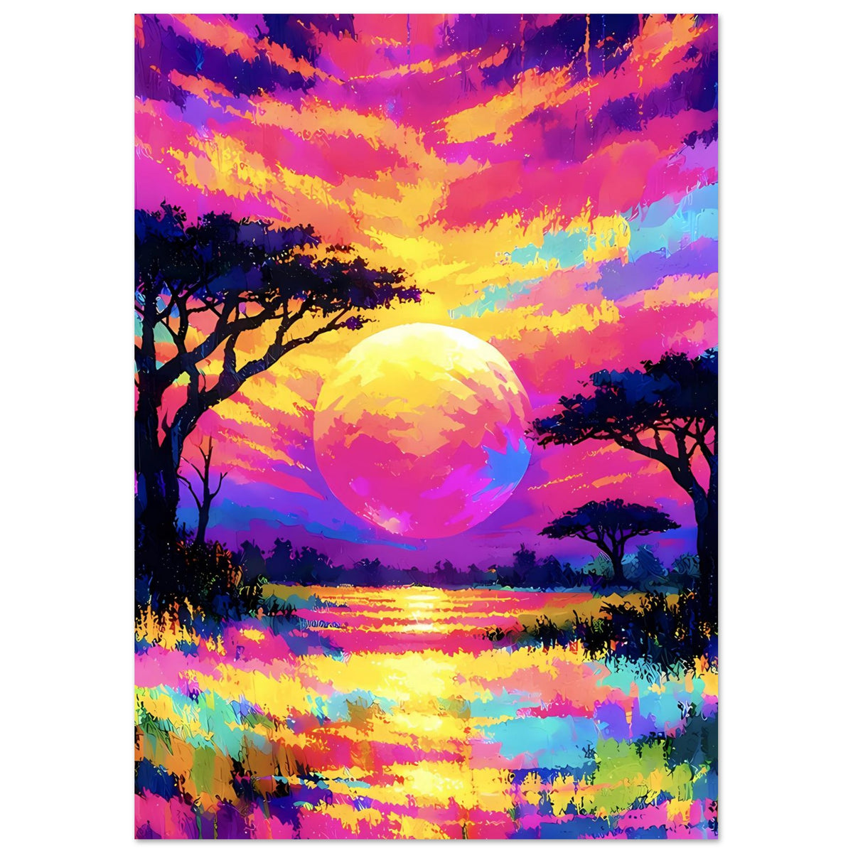 Neon-Landschaftsposter mit großer Sonne, farbigen Wolkenbändern, See-Reflexion und Baum-Schatten