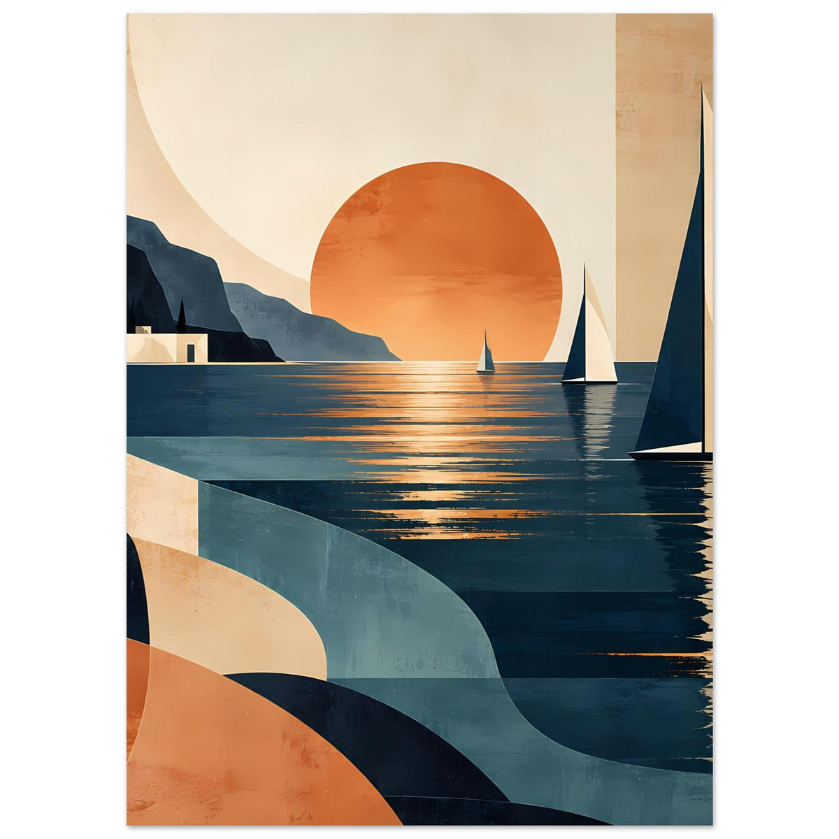 Poster mit orangefarbener Sonne am Horizont, Segelboote im Wasser und goldene Lichtspuren