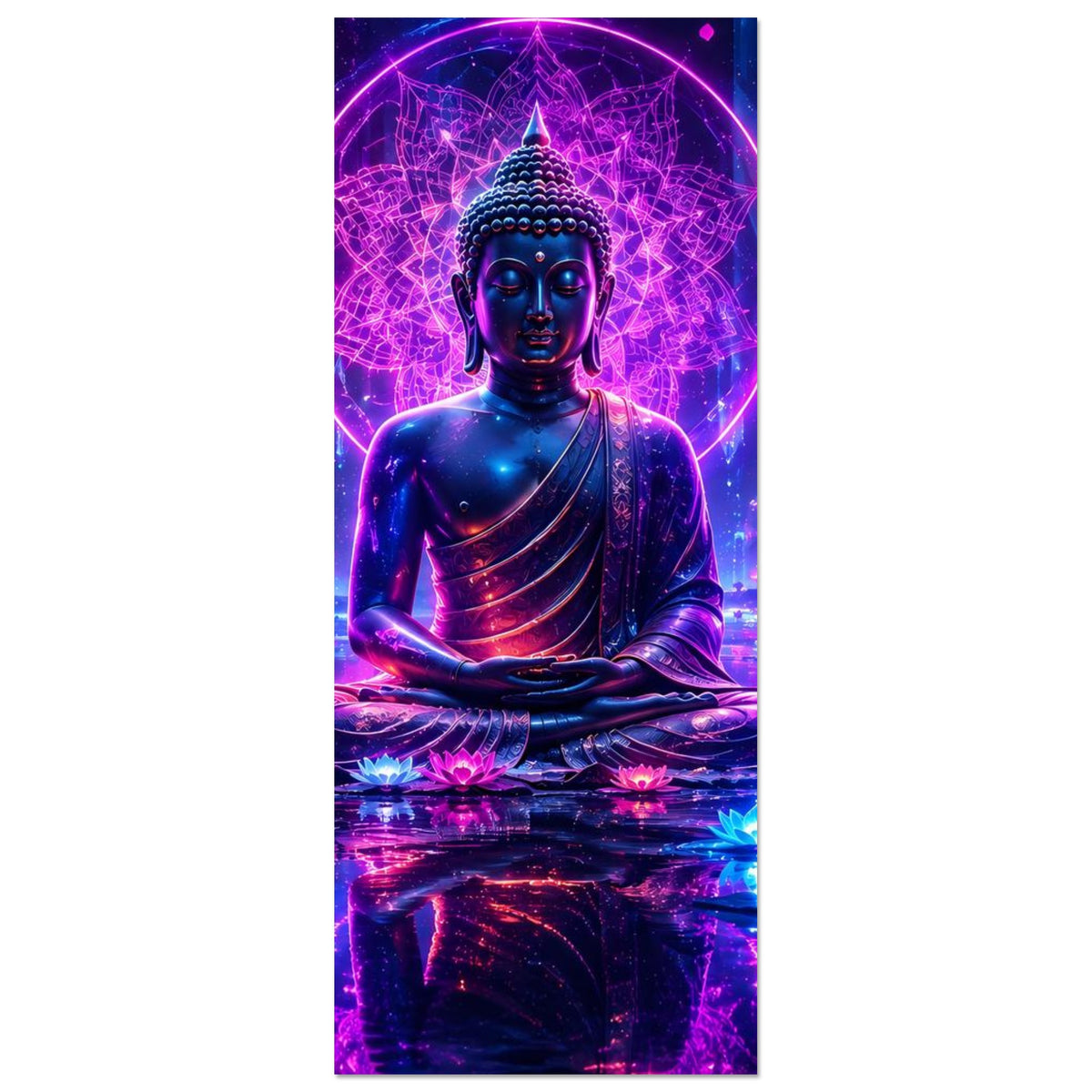 Hochformat-Poster: meditierender Buddha im Lotussitz mit leuchtendem Ring und Lotusblüten